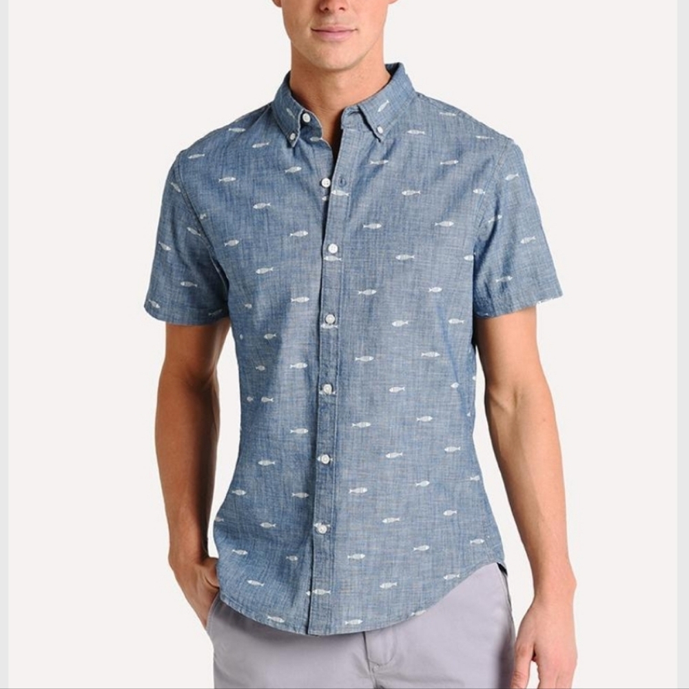 Bonobos - Riviera Slim Fit Print Sport Shirt In Chambray Sardeen -XL - Picture 3 of 12